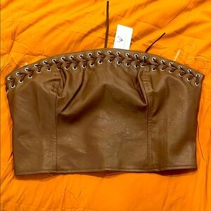 Brown Lace-Up Leather Strapless Bustier Top